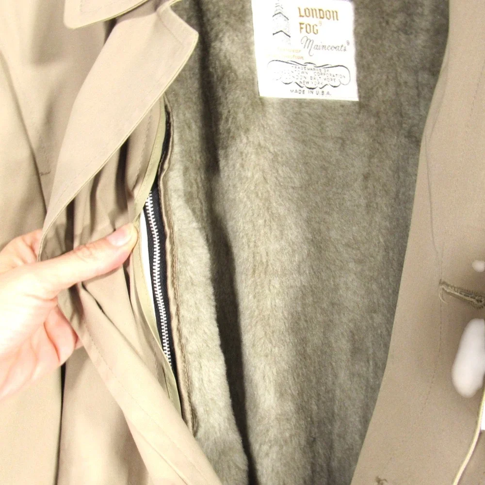 VTG LONDON FOG Men's KHAKI Removable Fur Liner BUTTON-UP Trench Coat Sz 42